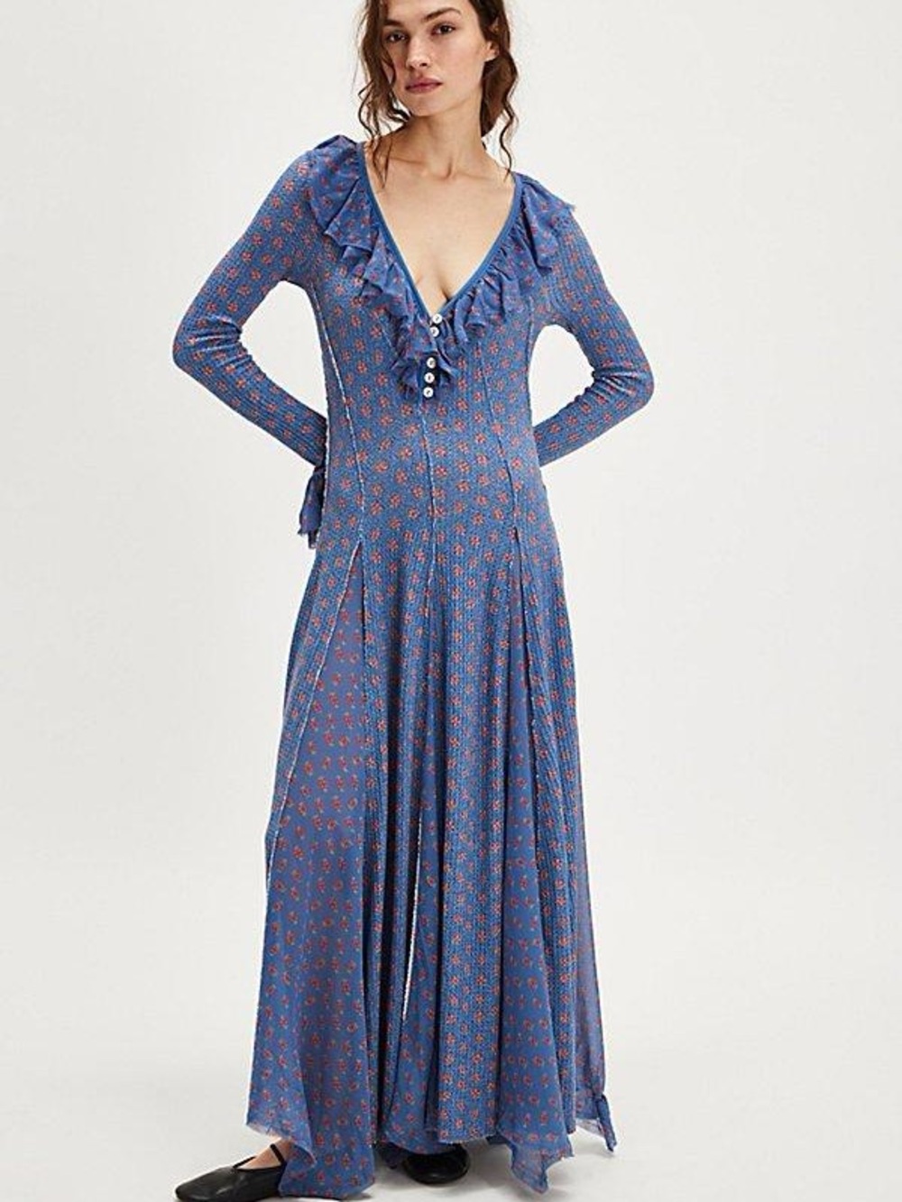 Free People Blue Floral Ruffle V-Neck Maxi Dress - Picture 2 of 4